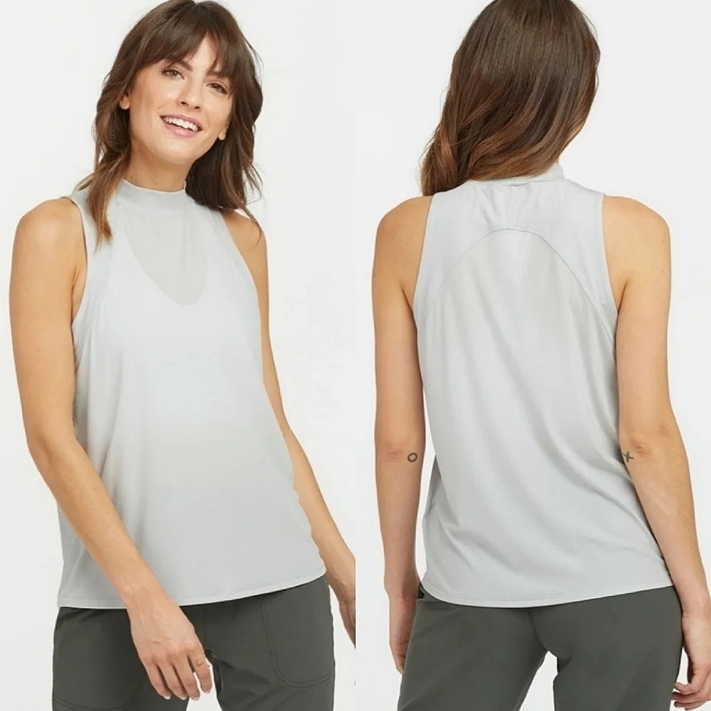 SPANX Go Lightly Ribbed Mock Neck Tank in Cloudy‎ Grey Size M NWT Challegers